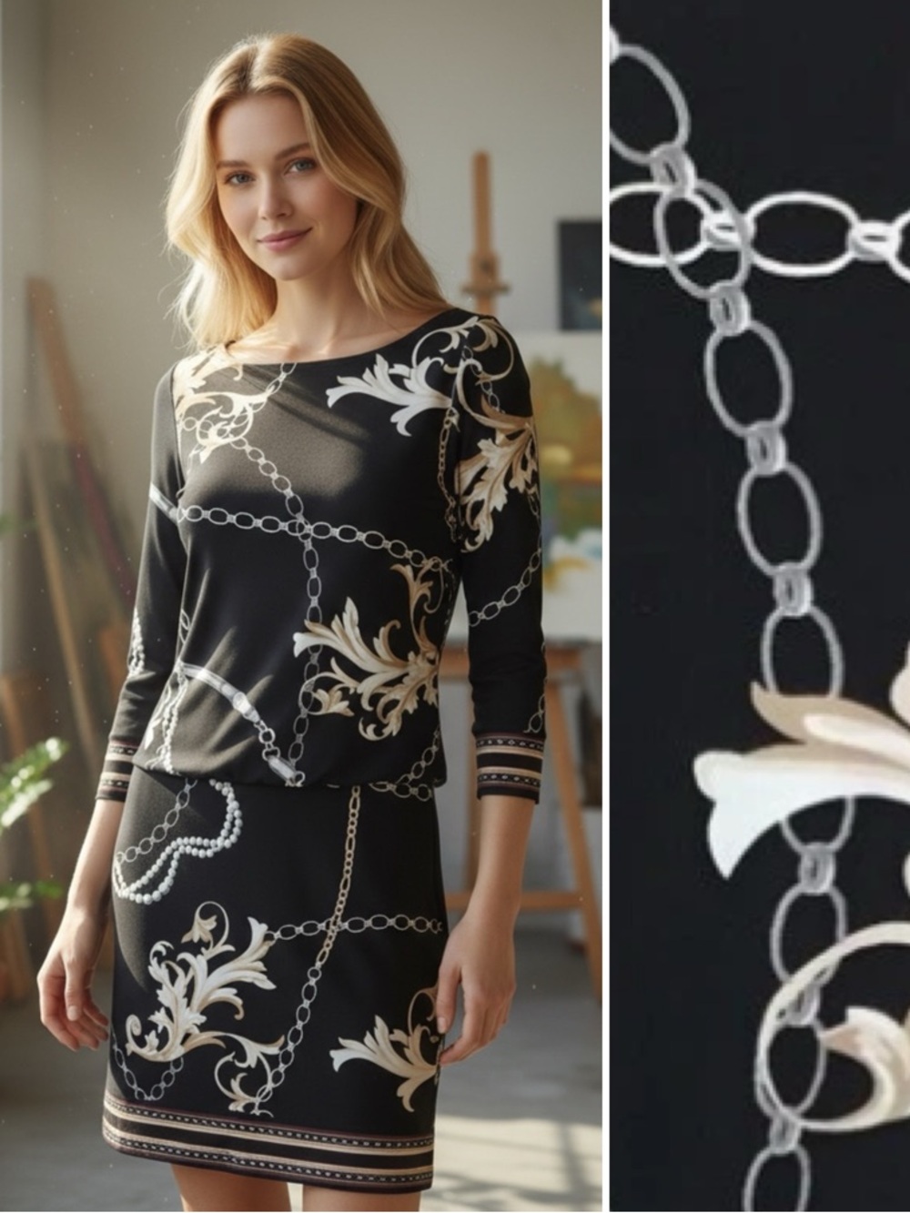 WHBM White House Black Market Women’s XS Jersey Chain Print Tunic Shift Dress